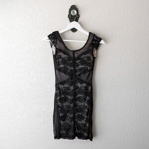 H&M Dividend Dress Sz2 Black Lace Nude Lining Cap Sleeve Fitted Mini Bodycon LBD